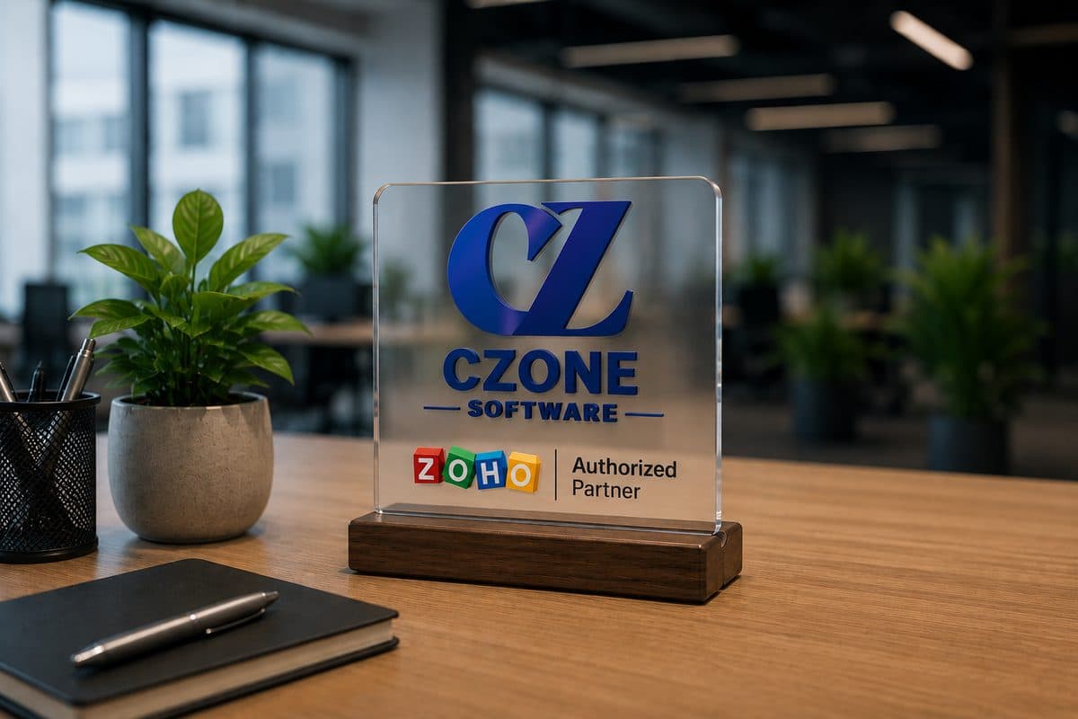 CZone Software — Zoho Authorized Partner desk plaque in our Bengaluru office